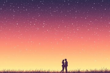 Starlit Embrace: A silhouette of a loving couple stands embraced beneath a vast expanse of a mesmerizing starlit sky, its gentle light enveloping them in an ethereal glow.