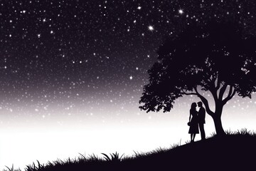 Eternal Stargazing: A silhouetted couple stands beneath a starlit sky and majestic tree, their figures a tender embrace amidst the cosmic expanse, creating a romantic and peaceful moment.
