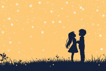 Eternal Love: Silhouette of a loving couple, hand in hand, beneath a celestial night sky. A simple, yet romantic scene capturing an unbreakable bond.