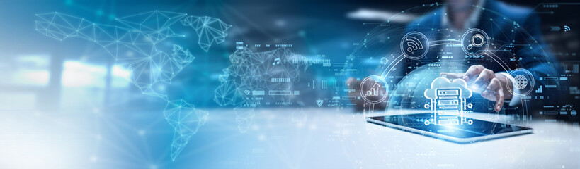 Businessman using tab and analysis cloud computing data. scalable infrastructure services, on-demand storage solutions, distributed computing platforms, enterprise SaaS models