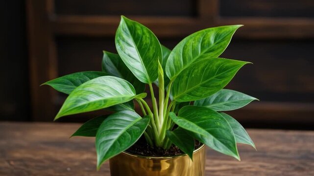Close up of a leafy green plant in a gold pot against a dark wooden background