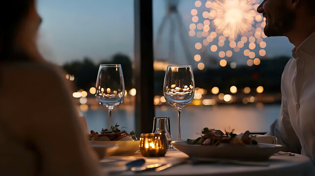 Romantic waterfront dining with fireworks. A couple enjoys an elegant dinner with a spectacular view, celebrating a special occasion under the night sky. - Powered by Adobe