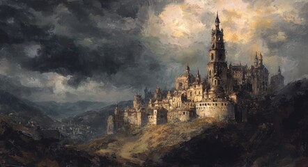 Epic Gothic Fortress: A Dark Fantasy Panorama of a Towering Cityscape in an Impressionist Style