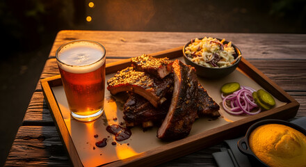 Obraz premium Delicious Barbecue Ribs With Beer And Sides Displayed On A Wooden Platter