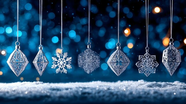 Silver Snowflake Christmas Ornaments Hanging on Blue Bokeh Background with Snow, Festive Holiday Banner with Copy Space. Generative AI