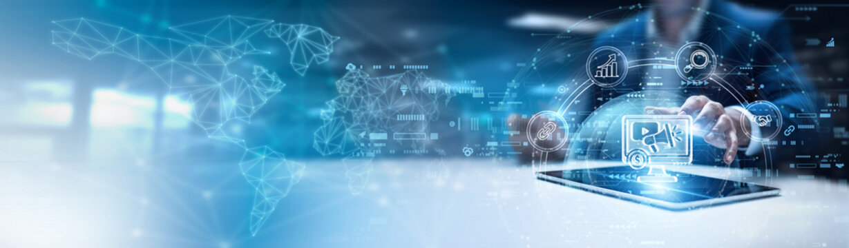 Businessman using tab and analysis digital marketing data. search engine optimization strategies, social media advertising campaigns, content engagement analytics, influencer marketing platforms