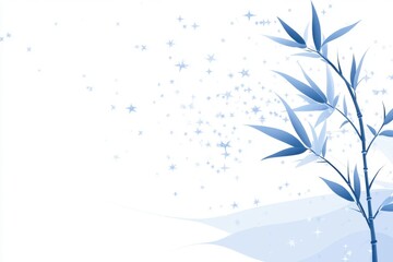 Bamboo Serenity: A delicate bamboo sprig, with its serene blue leaves and intricate structure, graces the scene against a backdrop of gentle flowing lines and sparkling elements.