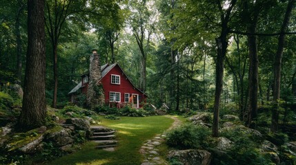 Stunning photo of red cabin in the woods with a stone path leading to the front door.