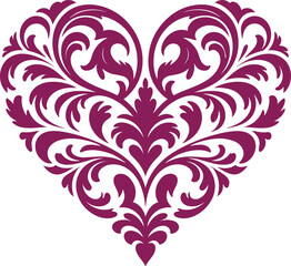 Floral heart vector, magenta decorative design, symmetrical leaf pattern, romantic ornate motif, elegant love symbol, artistic illustration for print