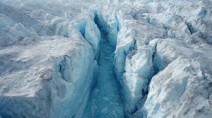 Stunning photo of aerial view of a glacier with deep crevasses and icy blue water.