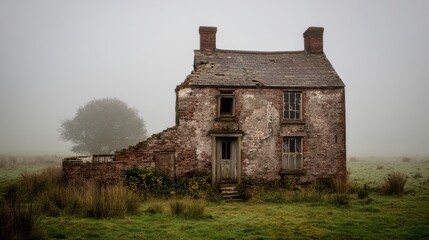 Stunning photo of old abandoned brick house stands in a field on a foggy day.