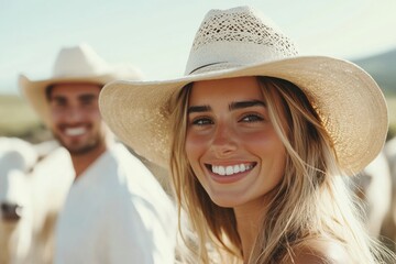 Smiling Cowboy and Cowgirl: A radiant cowgirl and cowboy with friendly smiles, wearing cowboy hats on sunny day in the countryside, capturing the spirit of the west.