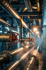 Industrial Pipeline Network with Red Valve in Atmospheric Condition, Engineering Focus