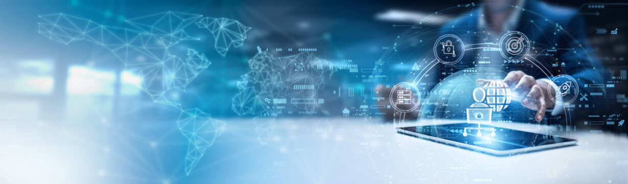 Businessman using tab and analysis network administration data. server monitoring, IT infrastructure management, firewall setup, bandwidth optimization, network security audits, remote access control.