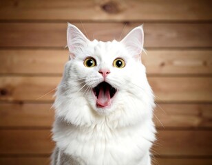 White cat with open mouth, surprised expression against wooden planks