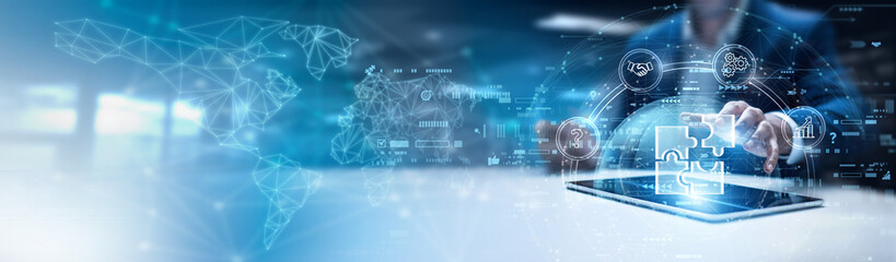 Businessman using tablet and analyzing solutions data, enterprise strategies, innovative...