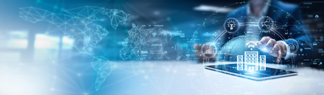 Businessman using tablet and analyzing smart building data, IoT sensors, energy efficiency metrics, automated lighting systems, security monitoring.