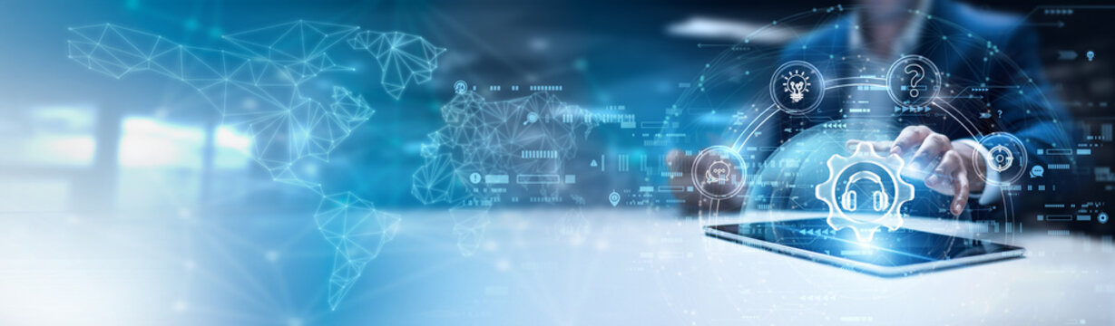 Businessman using tablet and analyzing technical support data, helpdesk performance, troubleshooting logs, resolution times, customer feedback, service optimization strategies.