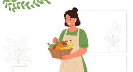 Smiling Woman Shows Basket Of Fresh Fruit Amidst Plants In Sunny Illustration