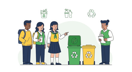 Students Participating In Environmentally Friendly Waste Sorting And Recycling Actions