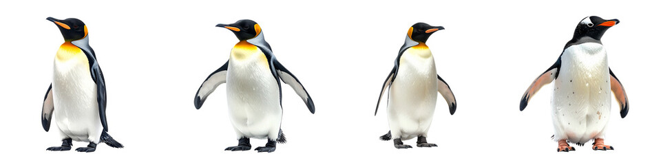 Fototapeta premium Four king penguins shown from different angles standing upright on a transparent background isolated on transparent background