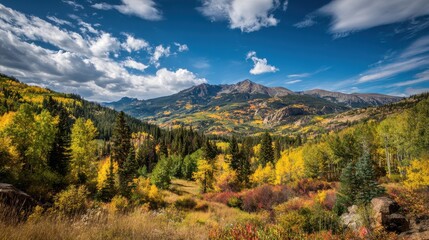 Obraz premium Stunning photo of scenic mountain landscape with colorful autumn foliage and cloudy blue sky.