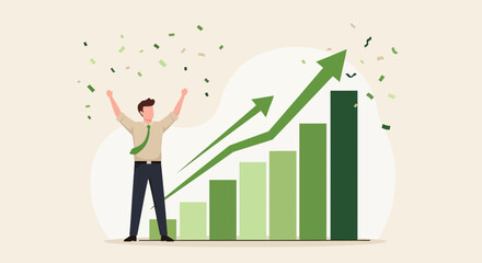 Success and growth concept of business, showing a man celebrating financial achievements