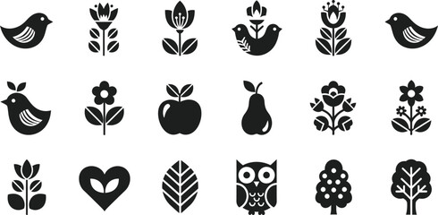 Set of Black Folk Art and Scandinavian Style Nature Icons - AI Generative