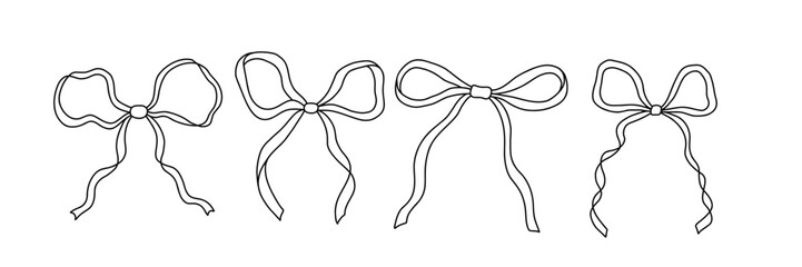 Vintage bow ribbon set in retro doodle hand drawn style. Elegant collection perfect for Christmas, wedding, birthday, and Valentines designs, ideal for festive cards and decor. Vector illustration