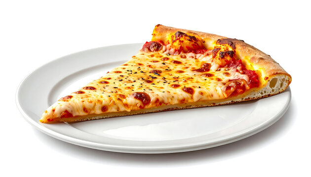 Single slice of cheese pizza with golden crust and bubbly mozzarella on white ceramic plate, viewed close-up.