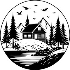 Black and white illustration of a house with mountains, trees, and a river