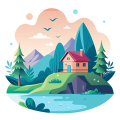 Colorful illustration of a house by a lake with mountains