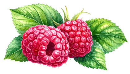 Botanical illustration of raspberry plant with ripe red berries and textured green leaves on detailed stem.