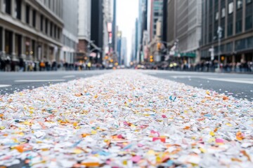 City Street with Confetti: A vibrant street scene post-celebration, scattered confetti glitters atop the asphalt. The high-angle shot showcases the urban cityscape.