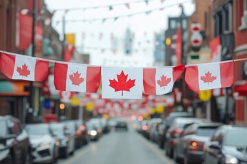 Canadian Celebration: A vibrant street scene adorned with Canadian flags, capturing the festive spirit of national pride and celebration with a low angle shot.