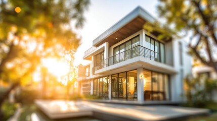 Stunning photo of modern house exterior with garden and swimming pool on a sunny day.