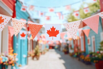 Canadian Day Celebration: A vibrant scene showcases the spirit of Canadian celebration, with charming decorations, a rich sense of community, and flags fluttering in the summer breeze.