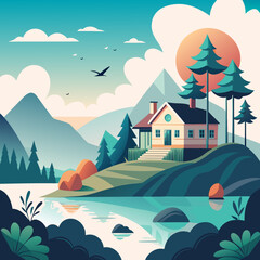 Lakeside cabin with mountain backdrop under a vibrant sunset