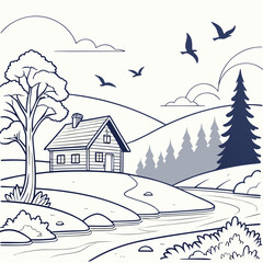 Lakeside cabin with rolling hills and a winding river in outline Keywords: landscape, rural