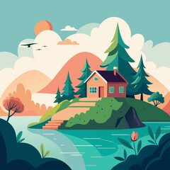 Lakeside house on a hill with a sunset and surrounding nature Keywords: house, home, hill, lake