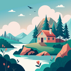 Lakeside cottage with red roof amidst mountains and flowing river