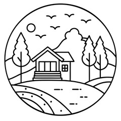 Line art illustration of a house with a porch and trees