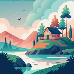 Lakeside house on a rocky outcrop with distant pastel mountains