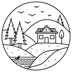 Line art of a house with trees and a jumping fish home