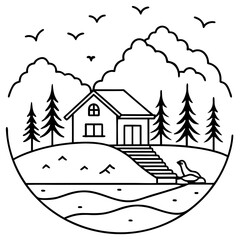 Minimalist house in a circular landscape with a seal Keywords: house, home, building, nature