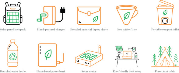 Sustainable technology and eco-friendly lifestyle concepts with nature icons in line art style
