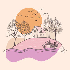 Minimalist house on hill with sun and birds home landscape