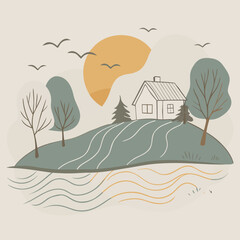 Minimalist Landscape with House and Sun Keywords: landscape, house, sun, trees, birds, hill