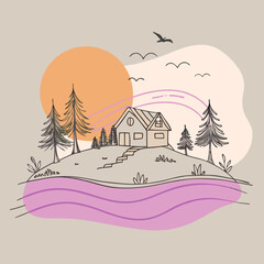 Minimalist house on hill with sun and birds Keywords: house, home, hill, landscape, nature, sun