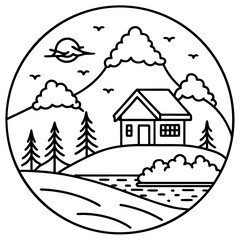 Minimalist line art of a house in a mountain landscape